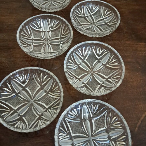 Crystal set with fondue bowl and 6 plates for spoon sweets like new, Russian origin