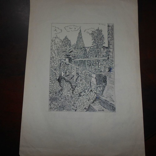 Landscape drawing on paper used 23x32cm