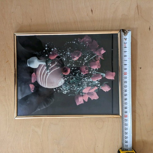 Picture frame with glass like new, vase with roses
