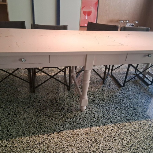 Wooden white dining table with drawers used