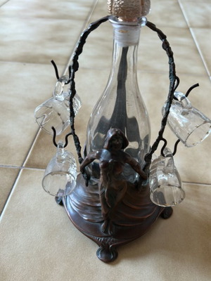 Vintage Art Nouveau carafe set used with metal and glass
