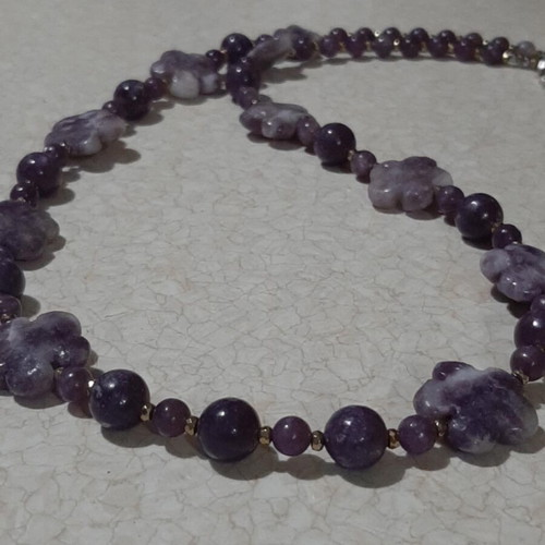 Necklace with rare lepidolite shaped as flowers and round stones, silver 925