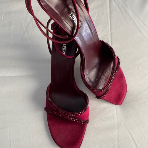 Lerre satin sandals size 39 used, burgundy, 10cm heel