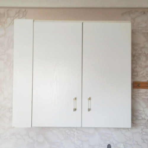 Hanging kitchen cabinet used with wooden shelf, white