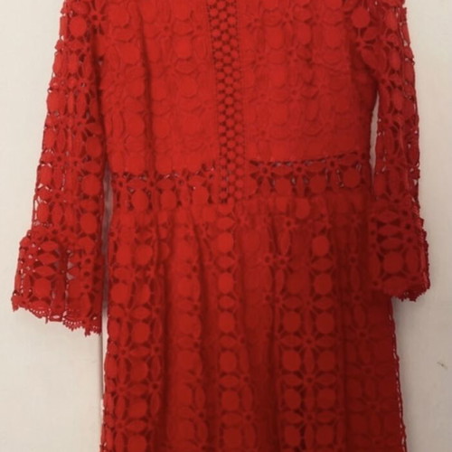 Red dress long-sleeve lace embroidery bell sleeve, lined, regular fit
