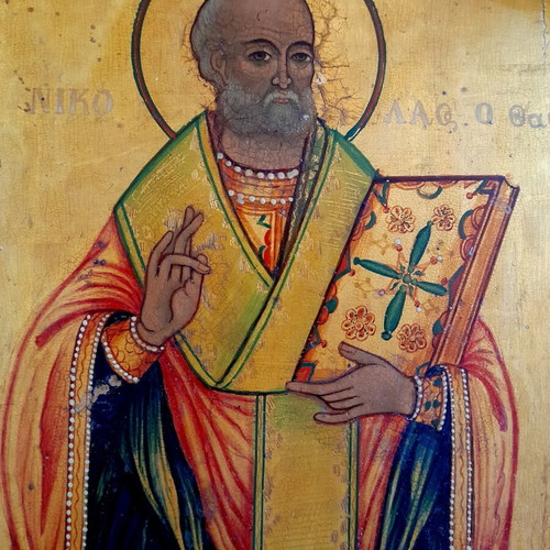 Antique Saint Nicholas Icon used, handmade 1870s, 26×20 cm