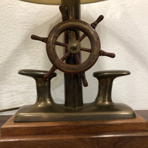 Table lamp new, wood with brass and nautical decorative helm