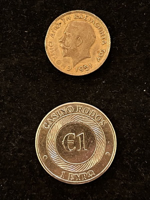 Ενθύμια νομίσματα μεταχειρισμένα, πακέτο 2, βασιλόπιτα 1951 και Καζίνο Ρόδου 1€