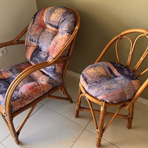 Bamboo furniture set with cushions, vintage boho style
