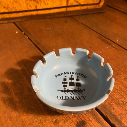 Papastratos Old Navy ceramic ashtray used, blue
