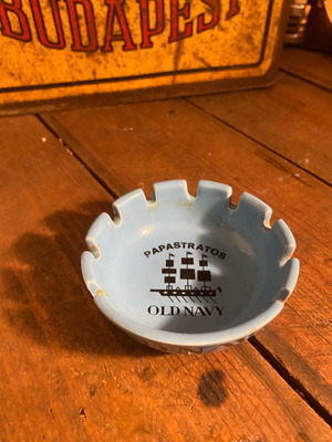 Papastratos Old Navy ceramic ashtray used, blue