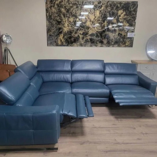 Turquoise Blue Leather Corner Sofa Torres with Electric Relax Mechanism New
