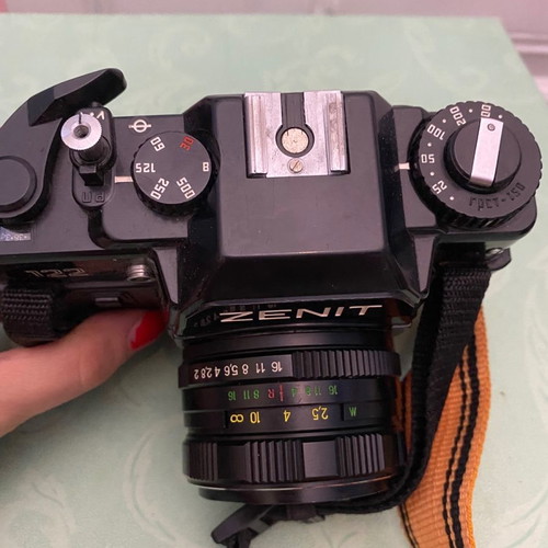 Vintage Zenit camera used with external flash