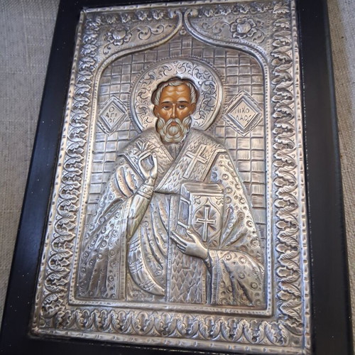 Silver icon of Saint Nicholas 950 grade, like new, 22×16cm