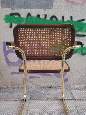 Καρέκλα Cesca B64 Marcel Breuer σαν καινούργια, χρυσό μέταλλο, μασίφ ξυλεία, ψάθα