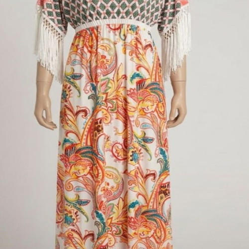 New Line Summer Dress with Batwing Sleeves and Fringes like new, multicolor