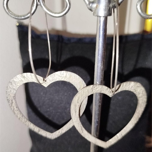Handmade heart dangle earrings used, silver wire hoop