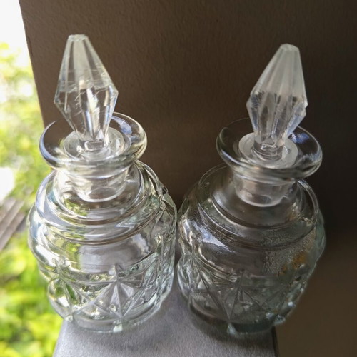Vintage glass miniature bottle set of 2 with carved pattern and glass stopper