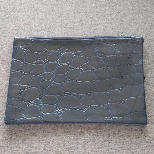 Handmade blue leatherette clutch bag with embroidery and zipper