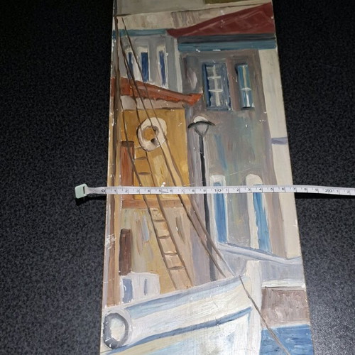 Vintage oil painting with Greek landscape and boat used