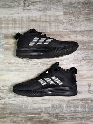 Adidas athletic shoes black mesh with white three stripes, men's size 10 US
