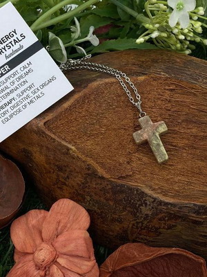 Κολιέ με σταυρό από κρύσταλλο Unakite Jasper, ατσάλι sterling