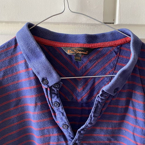 Ben Sherman polo tshirt used, blue with red stripes, cotton, vintage style