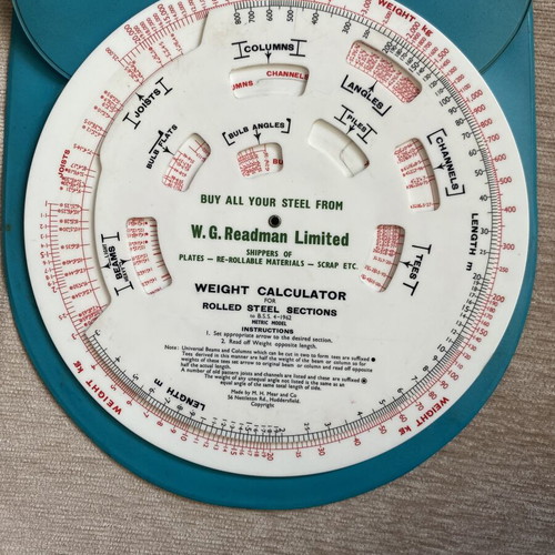 Vintage weight calculator used for steel plates, cylinders, tubes, bars