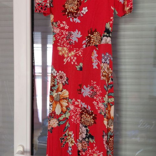 Women's red floral dress, asymmetric hem, with belt, size S