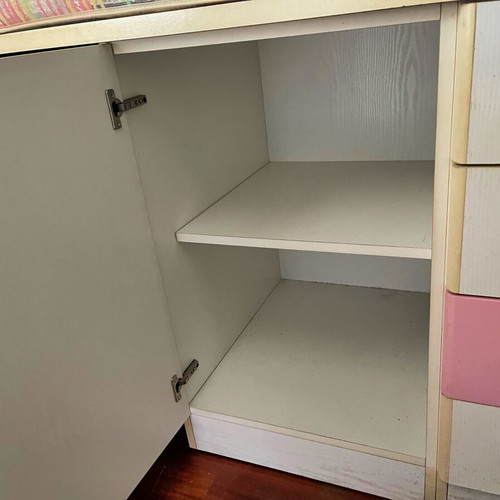Children's bed with desk and drawers used, white with pink details