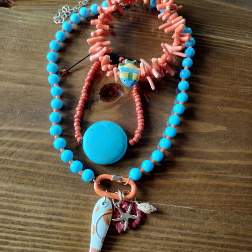 Jewelry set with handmade bracelet in turquoise and orange