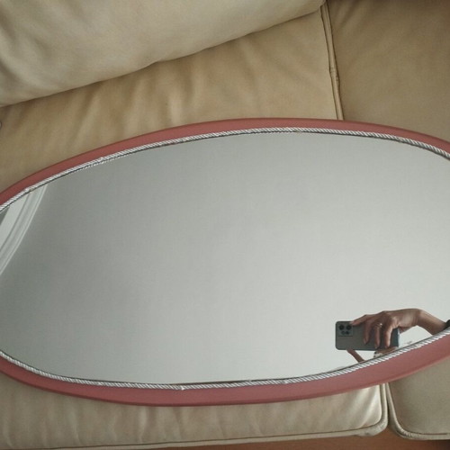 Wooden oval mirror with lilac shelf like new