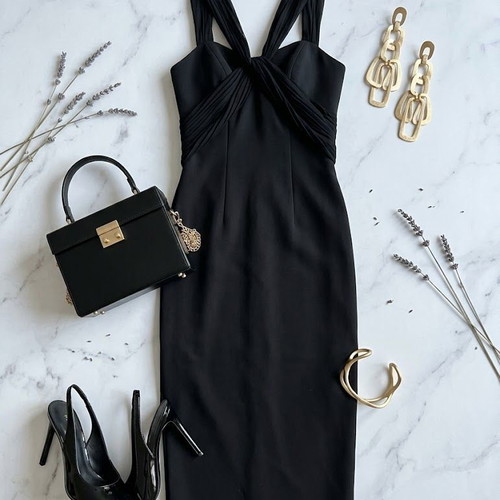 Multifunctional black dress with vintage gold earrings