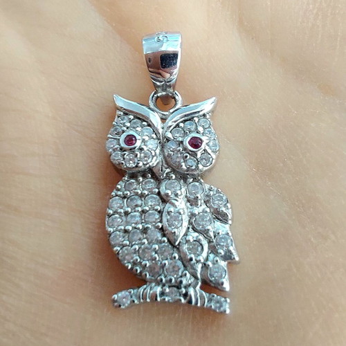 Silver owl pendant with white and ruby zirconia, new