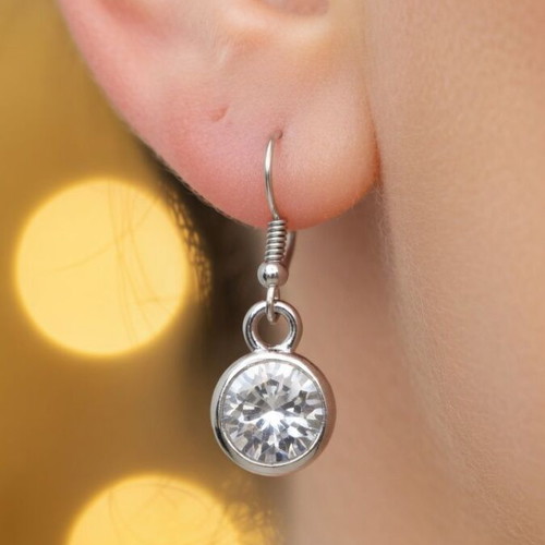 Handmade solitaire drop earrings with sparkling crystal, new, silver