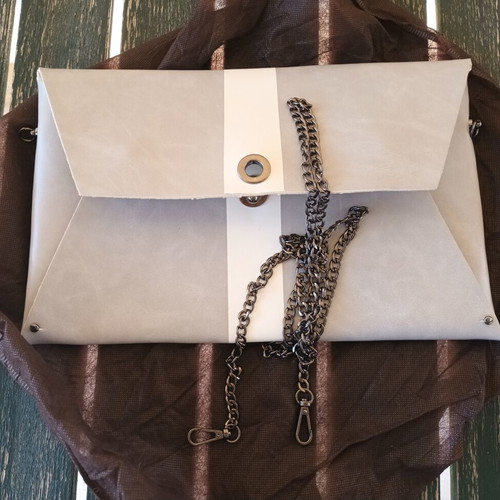 Clutch bag new, white and grey, 34x21 cm with chain