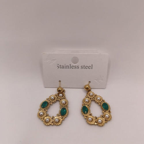 Stainless Steel Tear Drop Earrings with Emerald Crystals and Pearls
