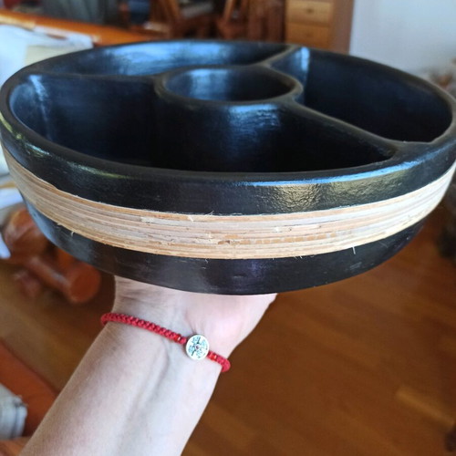 Ceramic serving platter with compartments, new, black with rattan trim