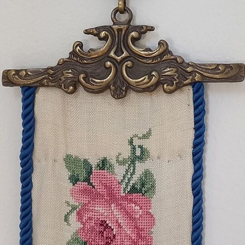 Handmade embroidered wall decor used, vintage 1950s linen fabric