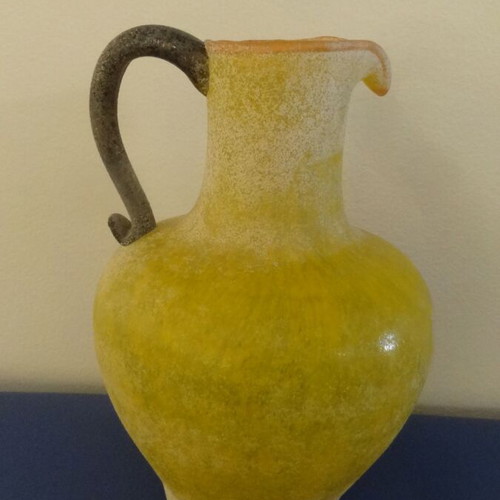 Vintage yellow blown glass vase jug with scavo texture 1980s