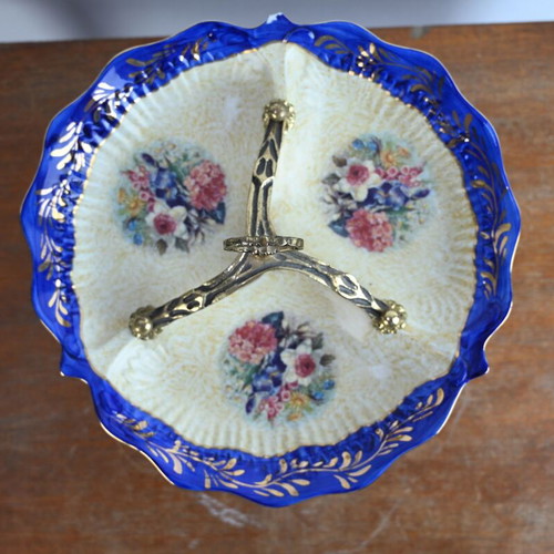 Vintage porcelain raised platter used, 27 cm diameter with brass details