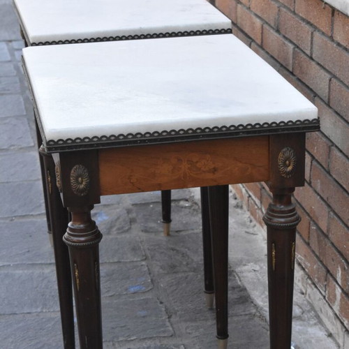 French vintage side tables used, pair with marble and marquetry