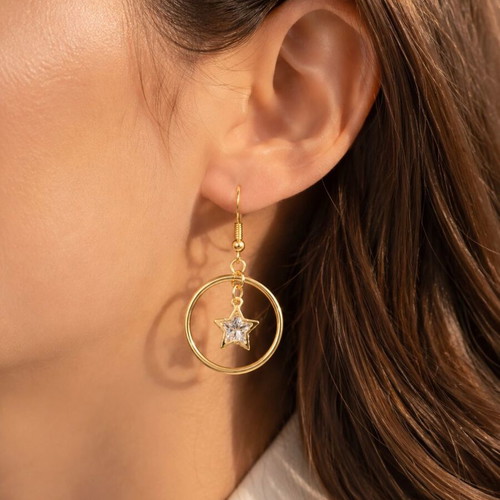 Handmade Golden Stars Earrings luxury hoops with sparkling zircon