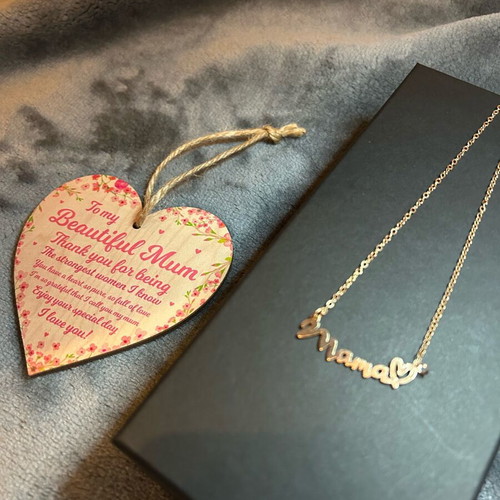 Gift set for mom new, gold necklace and wooden heart