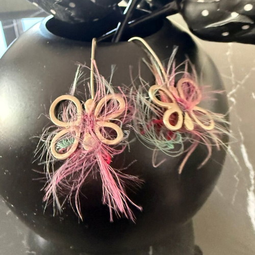 Handmade necklace and earrings set with butterfly and colorful fabric fibers