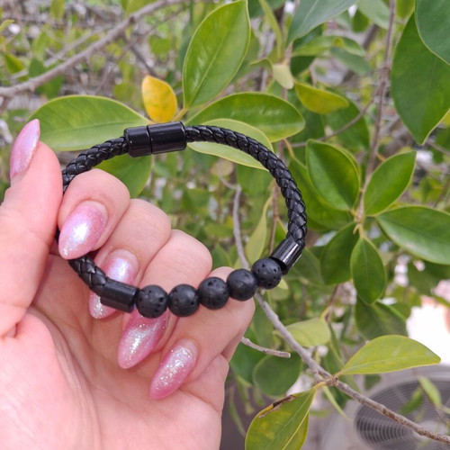 Men's bracelet with leather strap and lava beads new, 20cm