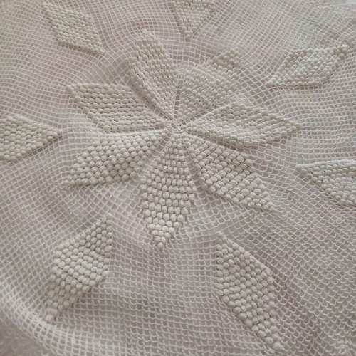 Two small handmade crochet round table linens used, beige and brown