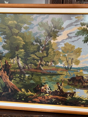 Textile painting used with rural landscape and matte glass