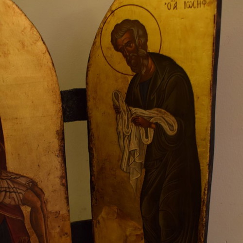 Triptych handmade icon with egg tempera and 23k gold leaf made to order