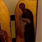  Βυζαντινή Χειροποίητη Αγιογραφία, η Παναγία με το Χριστό, ο Άγιος Ιωάννης ο Θεολόγος κ ο Άγιος Ιωσήφ ο από Αριμαθαία, τρίπτυχο, αυγοτέμπερα σε παλιό ξύλο με μουσαμά, με φύλλο χρυσού , πεπαλαιωμένη